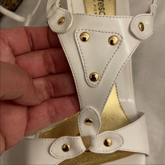 FRESCO BY PIERRE WHITE WITH GOLD STUDS, LEOPARD WEDGE SANDALS. NEW - Picture 6 of 9